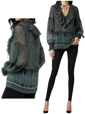 Alice + Olivia Julius Paisley Ruffle Blouse Green Black L